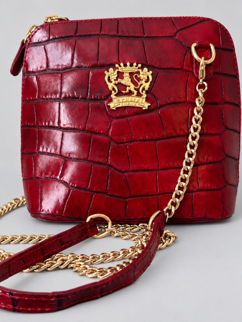 Pratesi Firenze Volterra King Crossbody Bag- Chianti croc-embossed finish